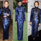 Las tres famosas usaron este dise&ntilde;o de Tom Ford de cuello alto, transparencias y lentejuelas azules.