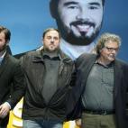 Gabriel Rufián, Oriol Junqueras y Joan Tardá, en un acto de ERC en Cornellá de Llobregat (Barcelona).