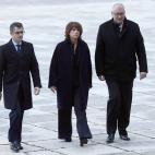 El secretario general de la presidencia del Gobierno, Felix Bolaños, la ministra en funciones de Justicia, Dolores Delgado y el subsecretario del Ministerio de presidencia, Antonio Hidalgo López a su llegada al Valle de los Caídos.