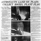 Hombres caminan por la Luna. Astronautas aterrizan en llano, recolectan rocas, plantan bandera