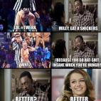 "-Jajaja, #perreo -Miley, come un snickers -¿Por qué? -Porque te vuelves loca cuando tienes hambre -¿Mejor? -Mejor"