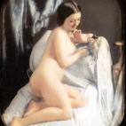 Una mujer desnuda sentada en una cama, jugando con un pájaro. Daguerrotipo estereoscópico coloreado a mano. 1850.