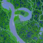 El 4 de agosto de 2005, el sensor Advanced Spaceborne Thermal Emission and Reflection Radiometer (ASTER) del satélite Terra capturó esta imagen de color falso del delta del río Mackenzie, en Canadá.