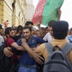 Protestas ante el cierre de la estación de Keleti en Budapest.