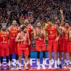 BEIJING, CHINA - SEPTEMBER 15: Team of Spain celebrate their victory at the cup ceremony after winning the FIBA World Cup 2019 match against the Argentina National Team at Beijing Wukesong Sport Arena on September 15, 2019 in Beijing, China. (P...