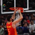 Spain's Rudy Fernandez collects the net of a basket at the end of the Basketball World Cup final game between Argentina and Spain in Beijing on September 15, 2019. (Photo by Greg BAKER / AFP) (Photo credit should read GREG BAKER/AFP/Getty...