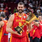 BEIJING, CHINA - SEPTEMBER 15: Marc Gasol of Spain celebrates their victory with the trophy at the cup ceremony after winning the FIBA World Cup 2019 match against the Argentina National Team at Beijing Wukesong Sport Arena on September 15, 2019...