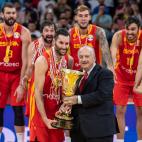 BEIJING, CHINA - SEPTEMBER 15: Team of Spain celebrate their victory at the cup ceremony after winning the FIBA World Cup 2019 match against the Argentina National Team at Beijing Wukesong Sport Arena on September 15, 2019 in Beijing, China. (P...