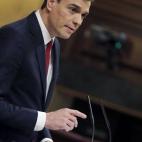 El secretario general del PSOE, Pedro Sánchez, durante su intervención en la primera jornada de la sesión de su investidura.