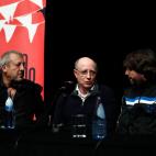 MADRID, SPAIN - APRIL 24: The first doctor convicted of euthanasia in Spain, Marcos Hourmann (1L), the man who helped his wife to die after years suffering multiple sclerosis, Angel Hernandez (2L), and the journalist Jordi Evole (3L), are seen i...