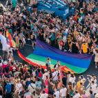 MADRID, SPAIN - JULY 09: Views from the Madrid City Hall of the attendees of the LGTBIQ Pride demonstration, on July 9, 2022, in Madrid, Spain. The march, organized by COGAM and FELGTB, and vindictive and festive in equal parts, runs through the...