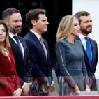 GRAF8895. MADRID, 12/10/2019.- El líder de Vox Santiago Abascal (i), el líder de Ciudadanos Albert Rivera (c), y el presidente del PP Pablo Casado, en el madrileño Paseo de la Castellana, lugar en el que se celebra el desfile de la Fiesta Nac...