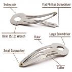 Arriba: Moneda para el carro, destornillador plano, llave inglesa de ocho milímetros. Abajo: regla, destornillador grande, destornillador pequeño, cúter.