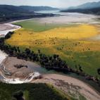 La cola del pantano de Yesa con el r&iacute;o Arag&oacute;n pr&aacute;cticamente sin agua.