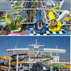 Estos tres toboganes de agua conforman lo que la compañía llama The Perfect Storm (la tormenta perfecta). Están situados en la cubierta 17 y caen de forma serpenteante hasta la zona de piscinas que hay dos pisos más abajo. El aterrizaje es e...