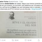 Este es el tuit de Xabier Fortes, presentador de Los Desayunos de TVE, respondiendo a un art&iacute;culo de Juan Carlos Girauta, todav&iacute;a entonces miembro de Ciudadanos, comparando el trabajo en TVE durante la pandemia de coronavirus con e...