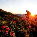 Una pareja escala la montaña Kreuzjoch durante los primeros rayos del amanecer, en los Alpes del Zillertal, Austria.