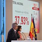 El secretario de Estado de Comunicaci&oacute;n, Miguel &Aacute;ngel Oliver y la subsecretaria del Ministerio del Interior, Isabel Goicoechea, durante la rueda de prensa que han ofrecido este domingo