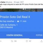 Si escribes "Prisi&oacute;n Soto del Real II" y das a 'buscar', el programa te lleva directamente a la calle Zurbano 1. Es la calle que hace esquina con la calle G&eacute;nova, justo a la altura de la sede del PP en Madrid.
