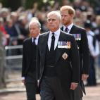 El tercer hijo de la reina Isabel II, el pr&iacute;ncipe Andr&eacute;s, y tras &eacute;l, el pr&iacute;ncipe Harry. Ellos son los dos &uacute;nicos miembros del cortejo principal que no luc&iacute;an uniforme militar.