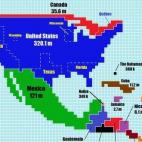 Las islas del Caribe están más habitadas de lo que podíamos pensar, pero lo que realmente destaca es lo poco que ocupa Canadá. Normalmente en los mapas se representa su gran superficie, pero en términos de población tendría muy poco peso.