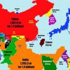 Estamos acostumbrados a ver la vasta extensión que ocupa China en el mapa, pero lo usual es que Japón apenas sea una franja estrechita frente a su costa. Sin embargo, aquí se puede ver la alta densidad de este país, así como la de Corea del...