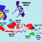 Australia suele representarse como un gran trozo de terreno, pero es notable lo poco habitado que está. Lo contrario ocurre con las islas Filipinas, densamente pobladas.