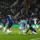 PORTO, PORTUGAL - MAY 29: Phil Foden of Manchester City has his shot blocked by Andreas Christensen of Chelsea during the UEFA Champions League Final between Manchester City and Chelsea FC at Estadio do Dragao on May 29, 2021 in Porto, Portugal....