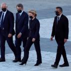 El Alto Representante para la Política Exterior y de Seguridad, Josep Borrell (i), el presidente del Parlamento Europeo, David Sassoli, la presidenta de la Comisión Europea, Ursula von der Leyen (2d) y el director general de la Organización M...