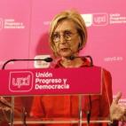 Rosa Díez, portavoz de UPyD, tras comparecer para comentar los resultados electorales y anunciar que no presentará su candidatrura para el Consejo de Dirección del partido.