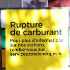 A poster reads stock-out is seen in front of a Total Energies gas station in Paris, France, Oct. 6, 2022. (Photo by Gao Jing/Xinhua via Getty Images)