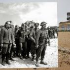 Bernieres-sur-Mer, Francia. En la imagen antigua, un grupo de prisioneros alemanes vigilados por soldados británicos