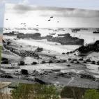 Una vista de la playa de Omaha cerca de Colleville-sur-Mer, Francia. Embarcaciones de todos los países en el desembarco de Normandía.