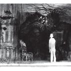 El monstruo visita a Conor en el salón de casa de su abuela para contarle la segunda historia. Jim Kay cuenta que en este caso tuvo claro qué posición quería para el dibujo de los dos protagonistas.