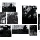 "Quería que el monstruo diera la impresión de masa real y de fuerza contenida. Creo que eso se aprecia en la imagen en la que se sienta en el cobertizo del jardín", escribe sobre la imagen de la izquierda. A la derecha, algunas de las versio...