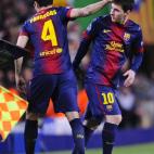 Barcelona's Lionel Messi, from Argentina, right, replaces Barcelona's Cesc Fabregas during the Champions League quarterfinal second leg soccer match between FC Barcelona and Paris Saint-Germain FC at the Camp Nou stadium in Barcelona, Spain, Wed...