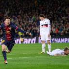 Barcelona's forward Lionel Messi, from Argentina, celebrates after scoring their second goal during the Champions League round of 16 second leg soccer match between FC Barcelona and AC Milan at Camp Nou stadium, in Barcelona, Spain, Tuesday, Mar...