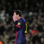 Barcelona's Argentinian forward Lionel Messi reacts during the Spanish Cup semi-final second-leg football match FC Barcelona vs Real Madrid CF at the Camp Nou stadium in Barcelona on February 26, 2013. AFP PHOTO / JOSEP LAGO (Photo credi...