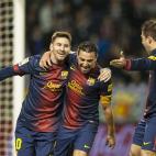 VALLADOLID, SPAIN - DECEMBER 22: Xavi Hernandez (C) of FC Barcelona celebrates with his teammate Lionel Messi after scoring against Real Valladolid at Jose Zorrilla on December 22, 2012 in Valladolid, Spain. (Photo by Victor Fraile/Getty Images)
