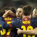 VALLADOLID, SPAIN - DECEMBER 22: Tello of FC Barcelona celebrates with teammates after scoring against Real Valladolid during the La Liga game between Real Valladolid and FC Barcelona at Jose Zorrilla on December 22, 2012 in Valladolid, Spain. ...