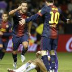 Barcelona's midfielder Xavi Hernandez (L) celebrates with Barcelona's Argentinian forward Lionel Messi after scoring during the Spanish league football match Valladolid vs FC Barcelona at the Jose Zorilla stadium in Valladolid on December 22, 20...