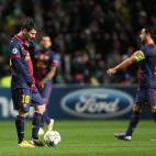 Barcelona's Lionel Messi, left, stand's dejected after Celtic's Victor Wanyama, scores a goal during their Champions League Group G soccer match at Celtic Park, Glasgow, Scotland, Wednesday Nov. 7, 2012. (AP Photo/Scott Heppell)