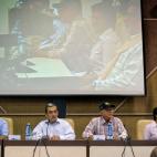(FILES) This picture taken on September 4, 2012, at the Convention Palace in Havana shows members of the Revolutionary Armed Forces of Colombia (FARC) (L to R) Andres Paris, Commander Maurico Jaramillo, Ricardo Tellez, Sandra Ramirez and Hermes ...