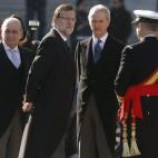 El presidente del Gobierno, Mariano Rajoy, el ministro del Interior, Jorge Fernández Díaz; el de Defensa, Pedro Morenes,c, y mandos militares, durante la celebración de la Pascua Militar celebrada en el Palacio Real y presidida por el Rey Fel...