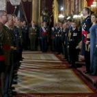 Felipe VI, quien preside por vez primera, acompañado de doña Letizia, la celebración de la Pascua Militar, en la Sala del Trono del Palacio Real donde tuvo lugar el acto al que asistieron representantes de las instituciones del Estado, los tr...