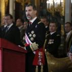 Felipe VI, quien preside por vez primera, acompañado de doña Letizia, la celebración de la Pascua Militar, durante el discurso que pronunció en la Sala del Trono del Palacio Real donde tuvo lugar el acto al que asistieron representantes de l...