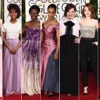 De izquierda a derecha: Zosia Mamet, Quvenzhane Wallis, Lupita Nyong'o, Kerry Washington, Melissa McCarthy, Emma Stone y Katie Cassidy.