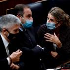 Los ministros, Fernando Grande-Marlaska, Jos&eacute; Luis &Aacute;balos y Yolanda D&iacute;az.