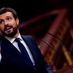 El l&iacute;der del PP, Pablo Casado, durante su intervenci&oacute;n.