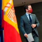 El Secretario General del PP, Teodoro Garc&iacute;a Egea en la rueda de prensa celebrada durante el receso.